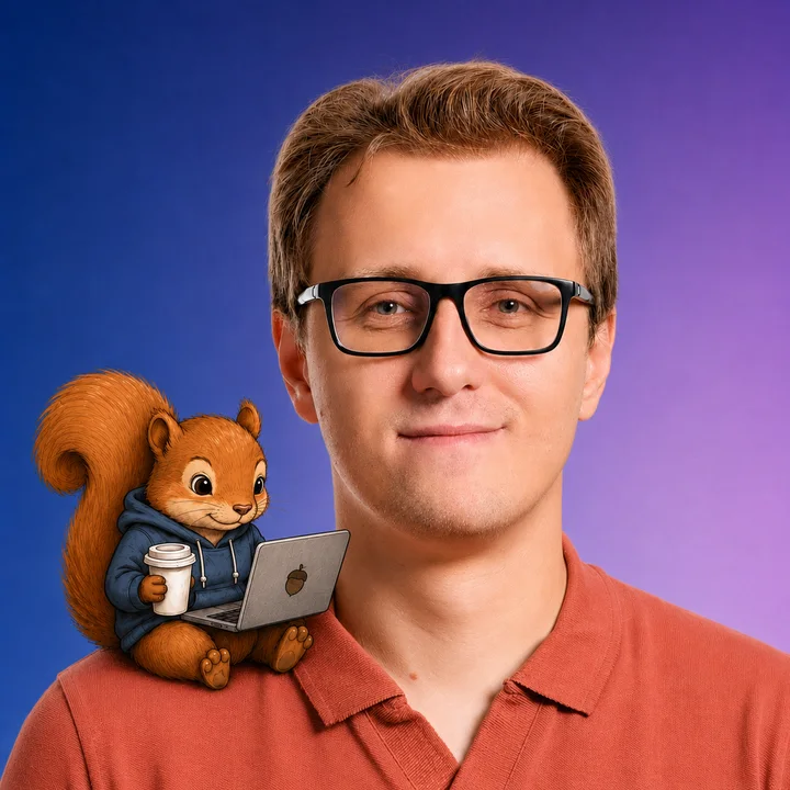 Andrzej Białaś, with risu the squirrel on his shoulder