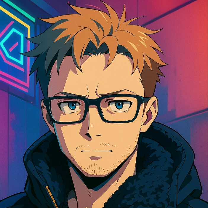 Illustrated portrait of Andrzej Białaś — glasses, dark hoodie, neon signs behind
